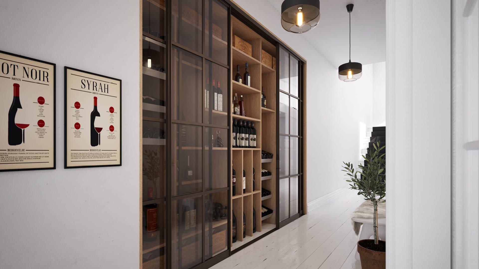 Garderobe: skyvedører i glass med omramming i svart aluminium: